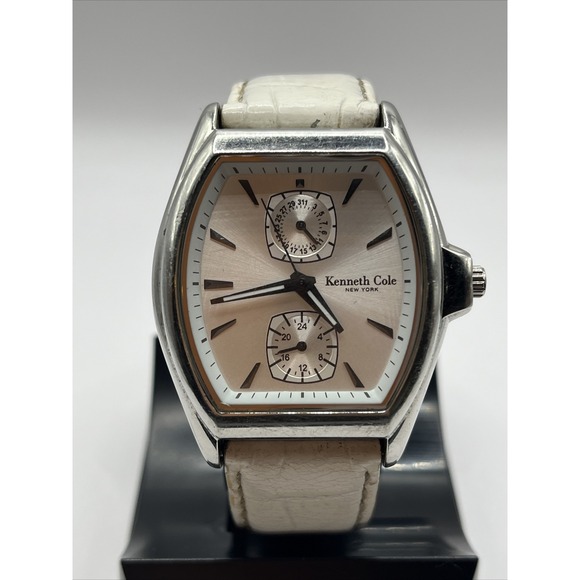 Kenneth Cole KC2317 Womens White Tonneau Multifunction Silver Dial Leather Band - Picture 1 of 8